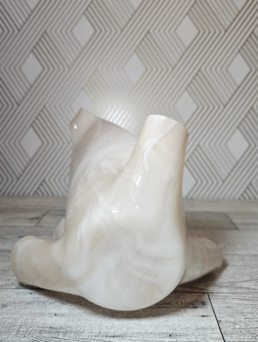 Handkerchief  Vase Candle Holder Abstract Pink And White Swirl Glass